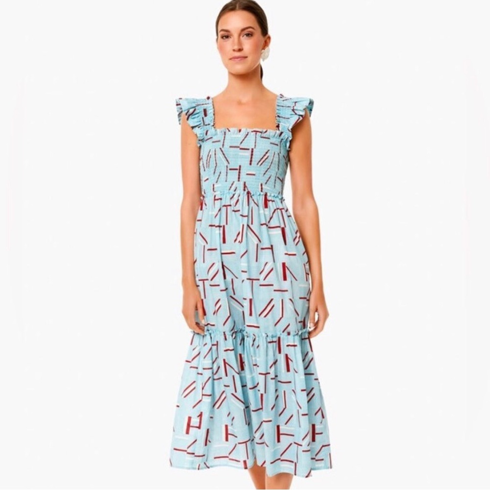 TUCKERNUCK Smocked Midi Blue Red White Rory Flutter Sleeveless Dress; Size XS